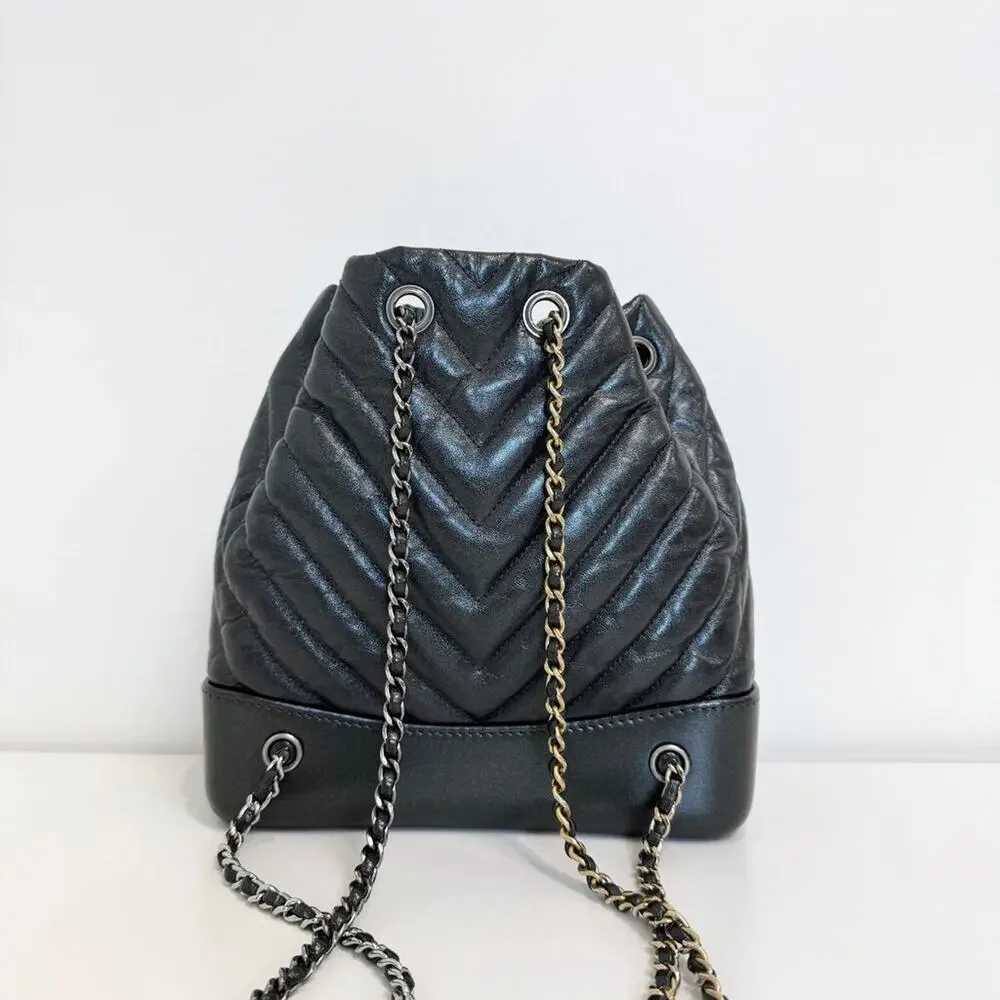 CHANEL Metallic Gunmetal Gray Chevron Quilted Gabrielle Backpack Aged Calfskin